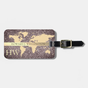 Elegant World Traveller Map Glitter monogram Name Luggage Tag