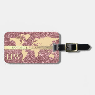 Elegant World Traveller Map Glitter monogram Name  Luggage Tag