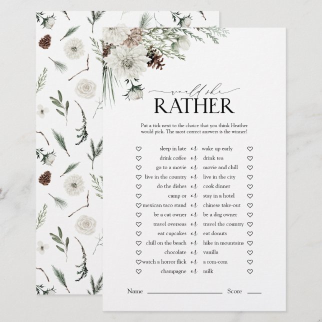 Elegant Would She Rather Floral Bridal Shower Game (Front/Back)