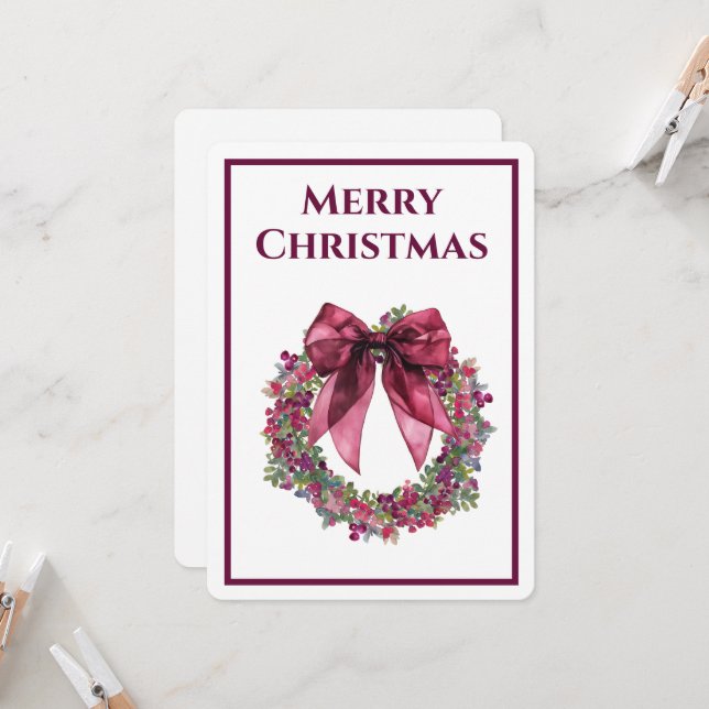 Elegant Wreath and Burgundy Bow Christmas Invitation (Front/Back In Situ)