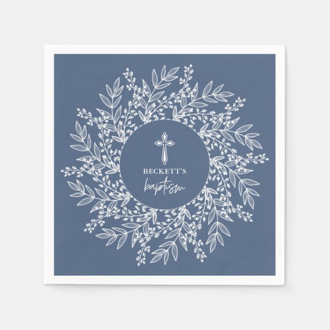 Elegant Wreath and Cross Blue Boy Baptism Napkin (Front)