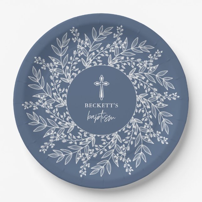 Elegant Wreath and Cross Blue Boy Baptism Paper Plate (Front)