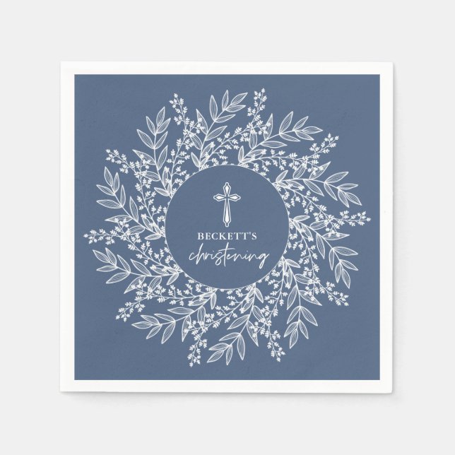 Elegant Wreath and Cross Blue Boy Christening Napkin (Front)