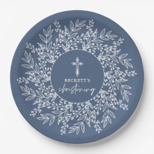 Elegant Wreath and Cross Blue Boy Christening Paper Plate