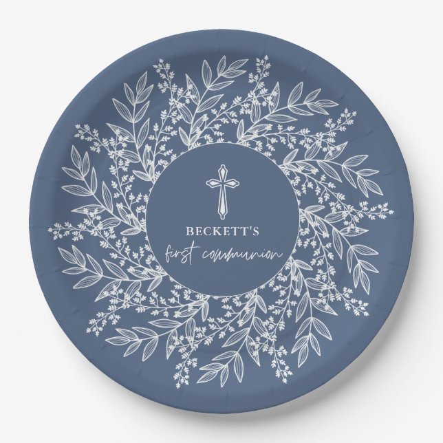 Elegant Wreath and Cross Blue Boy First Communion Paper Plate (Front)