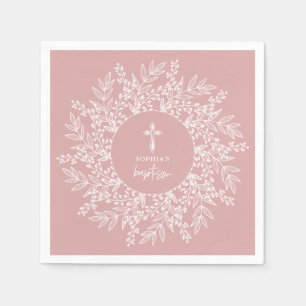 Elegant Wreath and Cross Pink Girl Baptism Napkin