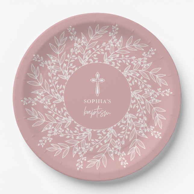 Elegant Wreath and Cross Pink Girl Baptism Paper Plate (Front)