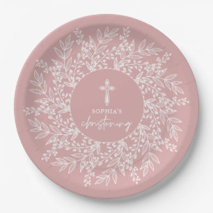 Elegant Wreath and Cross Pink Girl Christening Paper Plate