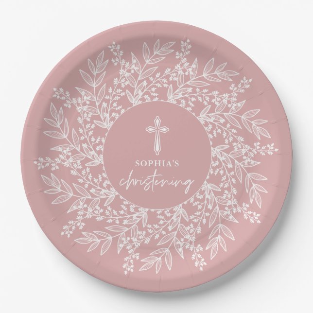 Elegant Wreath and Cross Pink Girl Christening Paper Plate (Front)
