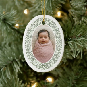 Elegant Wreath Bow Baby's 1st Christmas Photo Ceramic Tree Decoration