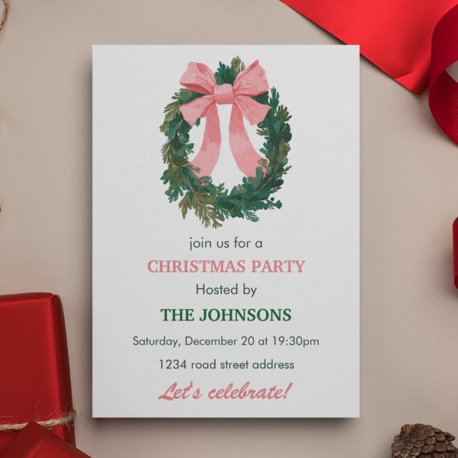 Elegant Wreath & Bow Christmas Party Invitation  (Creator Uploaded)