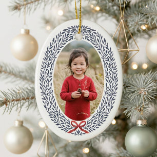 Elegant Wreath Bow Christmas Photo Holiday Ceramic Tree Decoration