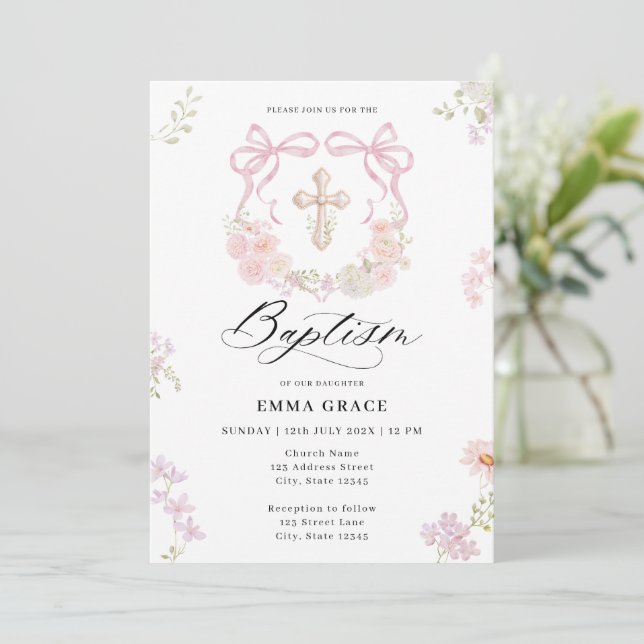 Elegant Wreath Bow Cross Baptism Invitation (Standing Front)