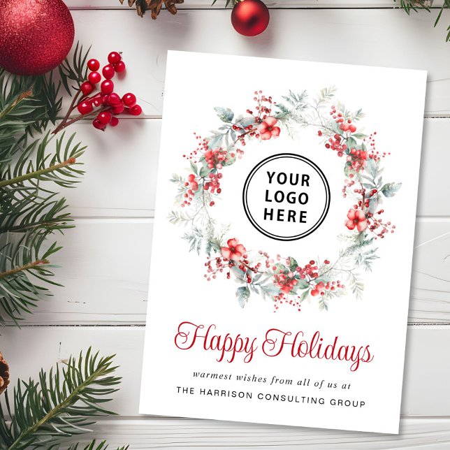 Elegant Wreath Business Logo Corporate Christmas Holiday Card (Spread the joy of the season and strengthen business relationships with our elegant holiday card)