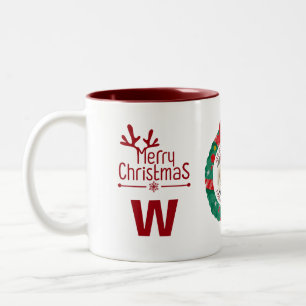 Elegant Wreath Christmas Photo Family Monogram Two-Tone Coffee Mug