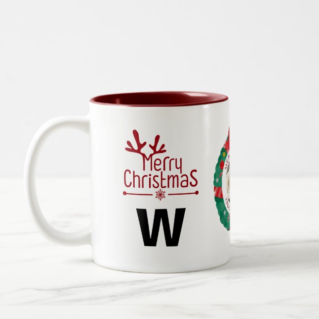 Elegant Wreath Christmas Photo Family Monogram Two-Tone Coffee Mug (Left)