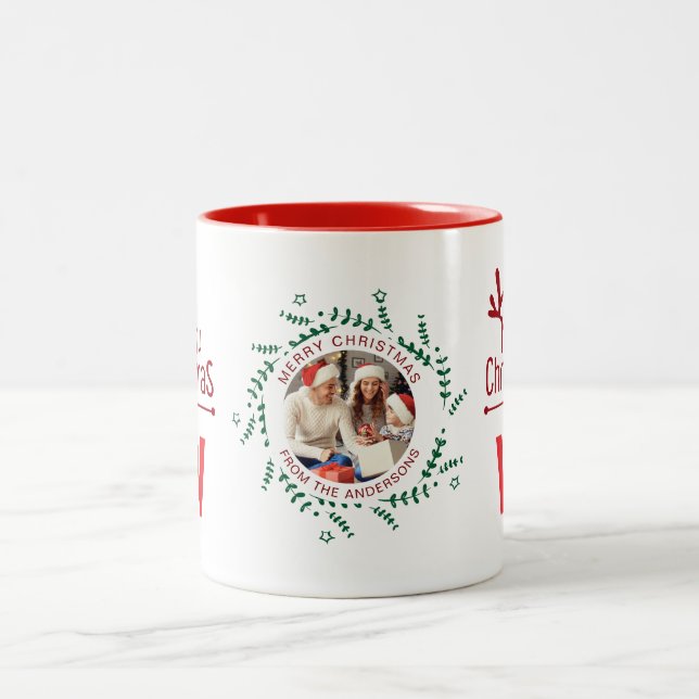 Elegant Wreath Christmas Photo Family Monogram Two-Tone Coffee Mug (Center)