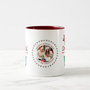 Elegant Wreath Christmas Photo Family Monogram Two-Tone Coffee Mug