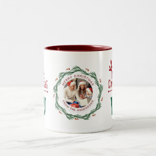 Elegant Wreath Christmas Photo Family Monogram Two-Tone Coffee Mug