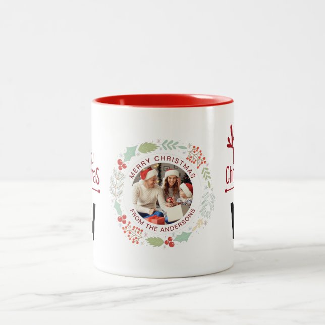 Elegant Wreath Christmas Photo Family Monogram Two-Tone Coffee Mug (Center)