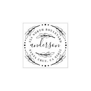 Elegant Wreath Circular Last Name Return Address Rubber Stamp