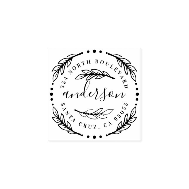 Elegant Wreath Circular Last Name Return Address Rubber Stamp (Imprint)