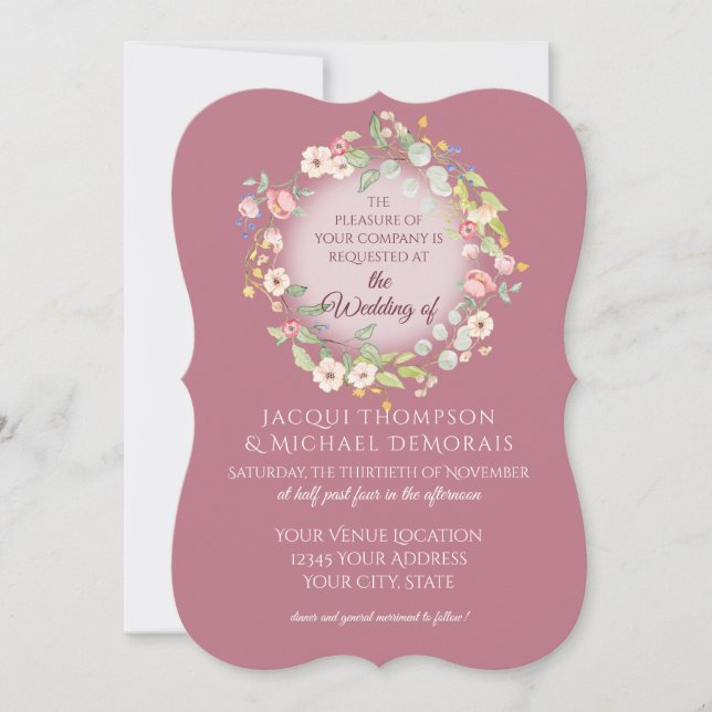Elegant Wreath Dusty Pink Roses Floral Wedding Invitation (Front)