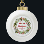 Elegant Wreath First Christmas  Ceramic Ball Christmas Ornament<br><div class="desc">Red-green berries and branches winter Christmas wreath ornament. Customisable!</div>