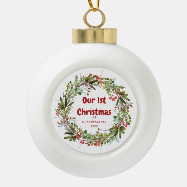 Elegant Wreath First Christmas  Ceramic Ball Christmas Ornament (Front)