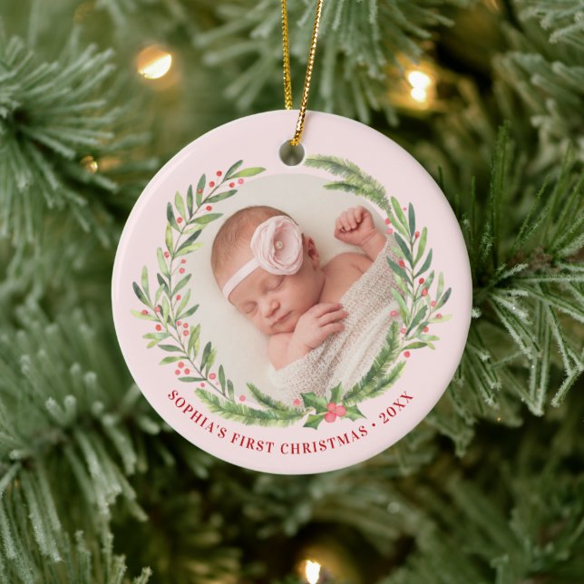 Elegant Wreath First Christmas Photo Pink Ceramic Tree Decoration (Tree)