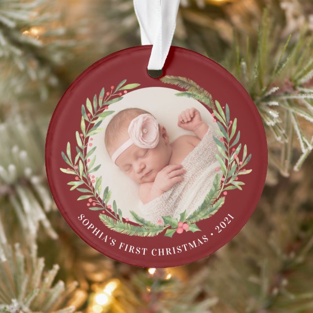 Elegant Wreath First Christmas Photo Red Ornament (Tree)