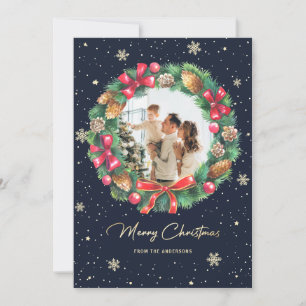 Elegant Wreath Gold Blue Photo Christmas Holiday Card