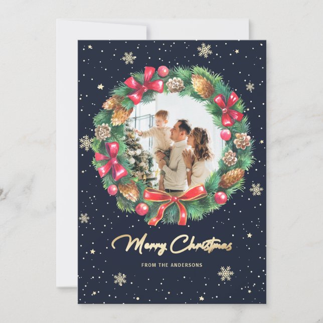 Elegant Wreath Gold Blue Photo Christmas Holiday Card (Front)
