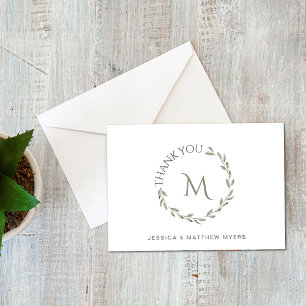 Elegant Wreath Green w Monogram and Names Thank You Card