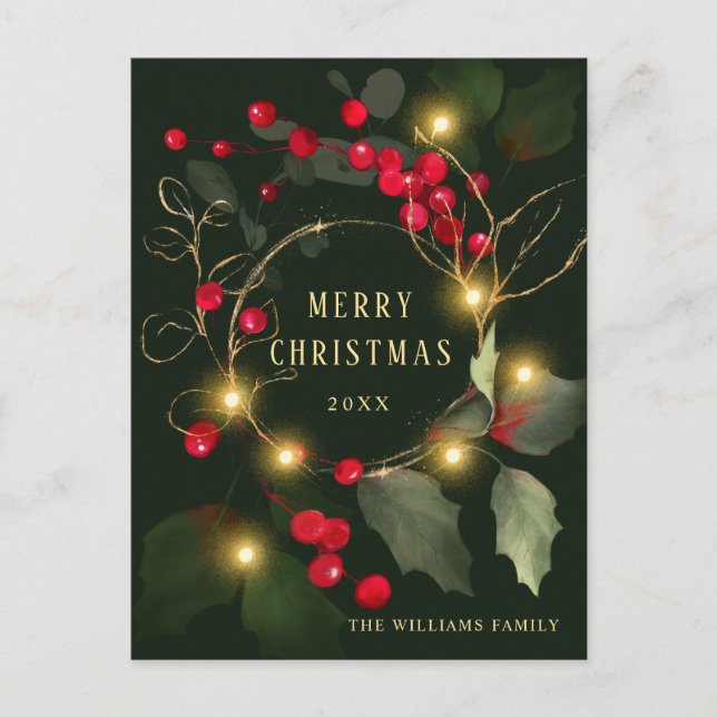 Elegant Wreath Holly Berry Pine Forest Christmas Postcard (Front)