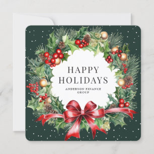 Elegant Wreath Holly Green Business Holiday Card
