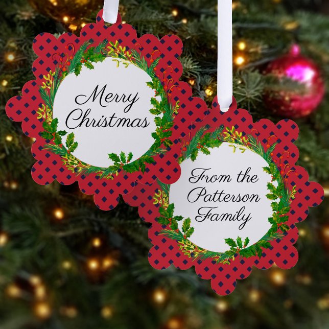Elegant Wreath Modern Red Add Name Christmas Tree Decoration Card (Creator Uploaded)