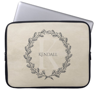 Elegant Wreath Monogram | Beige Laptop Sleeve