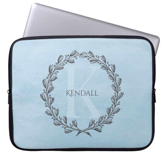 Elegant Wreath Monogram | Blue Laptop Sleeve (Front)