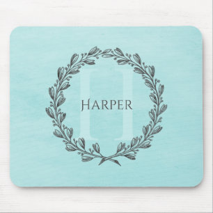 Elegant Wreath Monogram Teal Mouse Pad