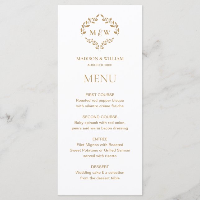 Elegant Wreath Monogram Wedding Gold Menu (Front)