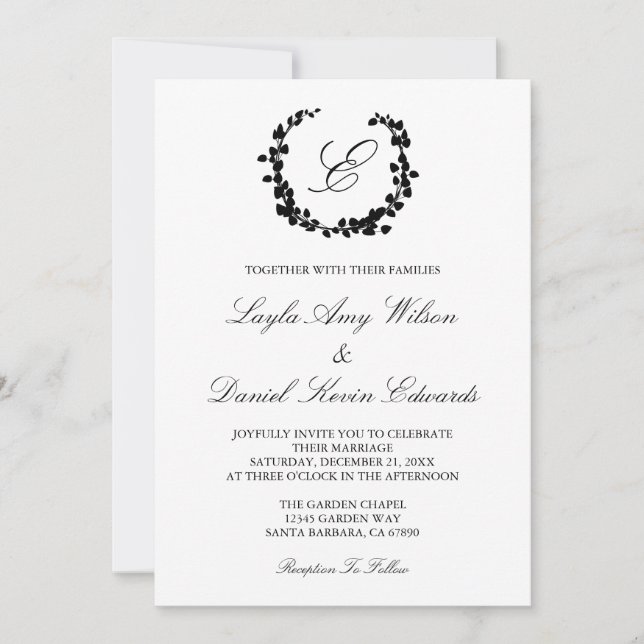 Elegant Wreath Monogram Wedding Invitation (Front)