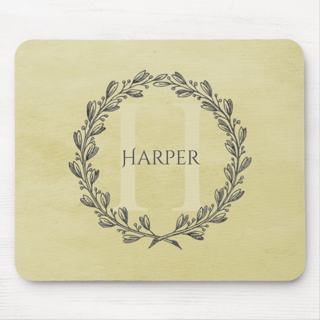 Elegant Wreath Monogram | Yellow Mouse Pad (Front)
