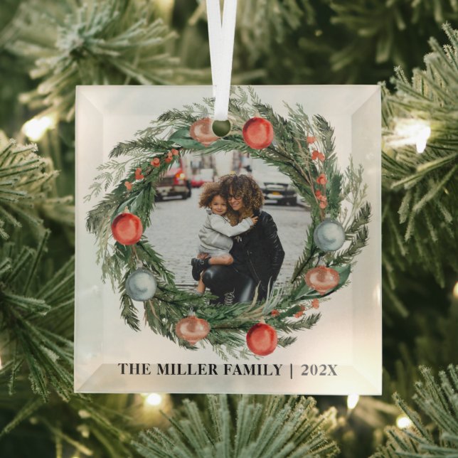 Elegant wreath name and photo Glass Ornament (Insitu)