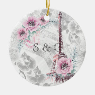 Elegant Wreath of pink flowers. Ceramic Tree Decoration