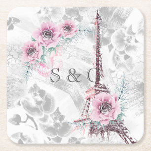 Elegant Wreath of pink flowers. Square Paper Coaster