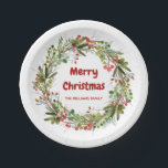Elegant Wreath Personalised Christmas  Paper Plate<br><div class="desc">Red-green berries and branches winter Christmas wreath paper plates. Customisable!</div>