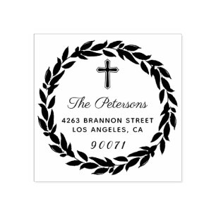 Elegant Wreath Religious Cross Return Address Rubber Stamp