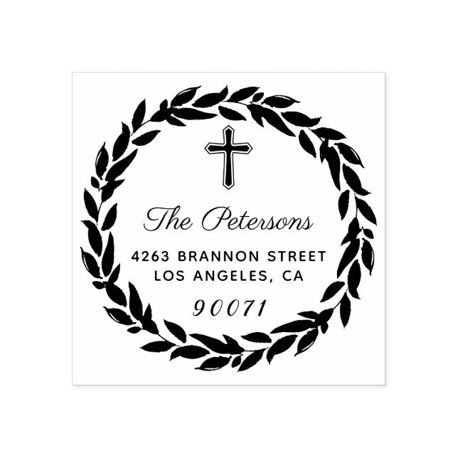 Elegant Wreath Religious Cross Return Address Rubber Stamp (Imprint)