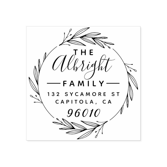 Elegant Wreath & Script Family Name Return Address Rubber Stamp (Imprint)